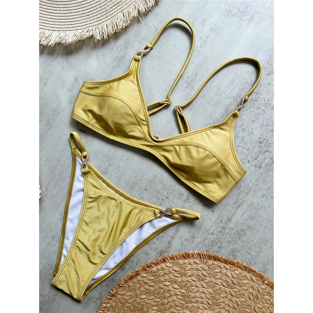10 Colors V Neck Rhinestones Bikini Female Swimsuit Women Swimwear Padded Bather Bathing Suit Swim Two-pieces Bikini set K8138