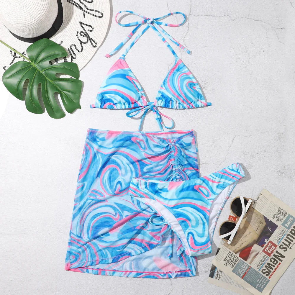 3 Pieces Bikini Set With SkirtTie Dye String Thong Bathing Suit Women Swimsuit FemaleSwimwear Beach Wear Swim Lady Summer