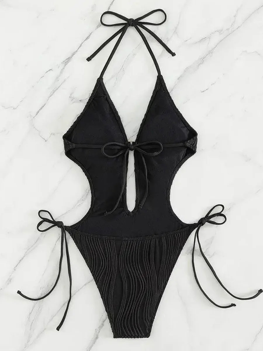 Sexy Halter V Neck Wrinkled Female Swimwear One Piece Swimsuit Women Backless Monokini High Leg Cut Bathing Suit Swim Beach Wear