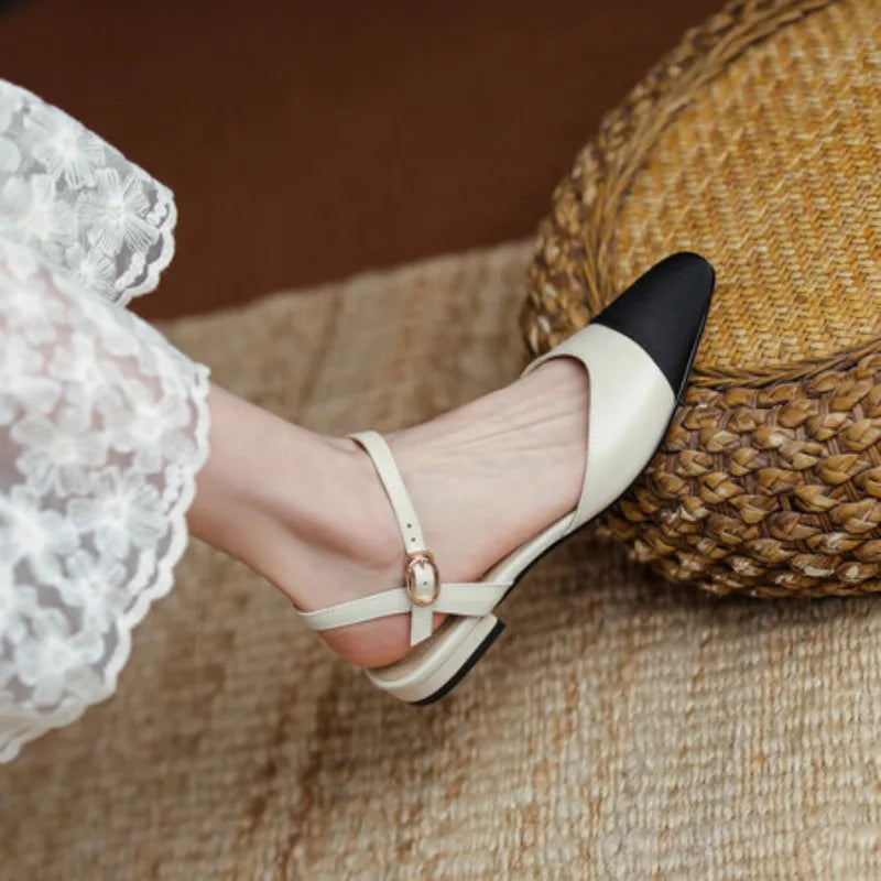 New 2025 Summer Women's Sandals Elegant Medium Heel Toe Mules Comfortable Office Women's Shoes Buckle Heels Dress Shoes