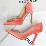 Women 10cm Super High Heels Pointed Toe Side Hollow Work Pumps Metal Crystal Buckle Velvet Stiletto Fashion Banquet Lady Shoes