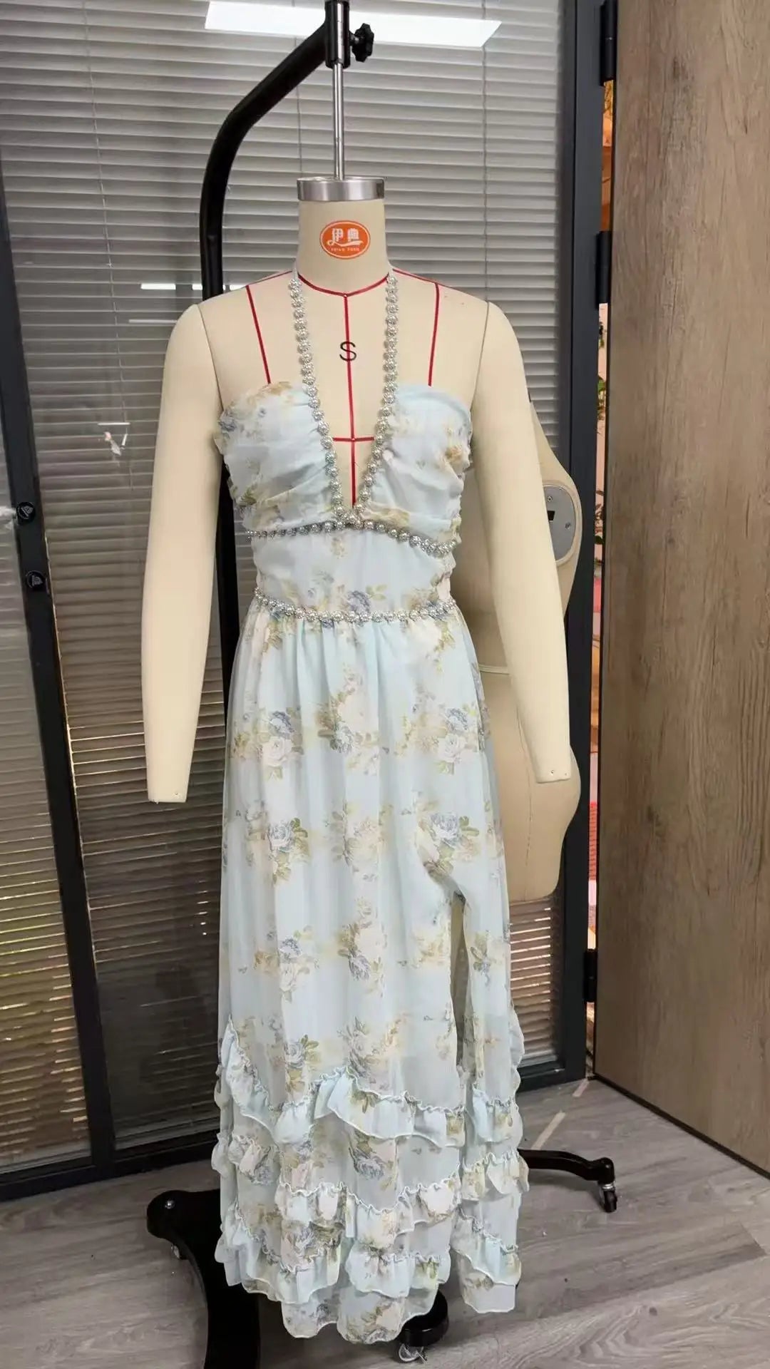 Women's Fashion Flower Print Bead Chain Halter Neck Long Dresses Sexy V-neck Backless Leace-up Slit Dress Lady Party Vestidos
