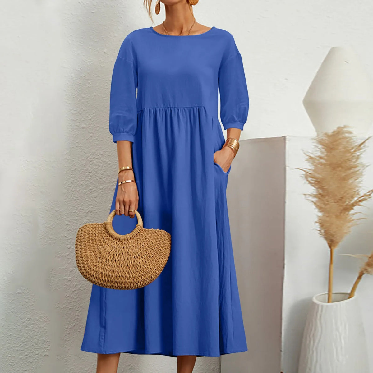 Womens Casual Summer Cotton Dress With Pockets 3/4 Sleeve Loose Midi Shirt Dress Women Dresses With Short Sleeves Vestidos
