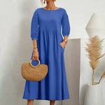 Womens Casual Summer Cotton Dress With Pockets 3/4 Sleeve Loose Midi Shirt Dress Women Dresses With Short Sleeves Vestidos