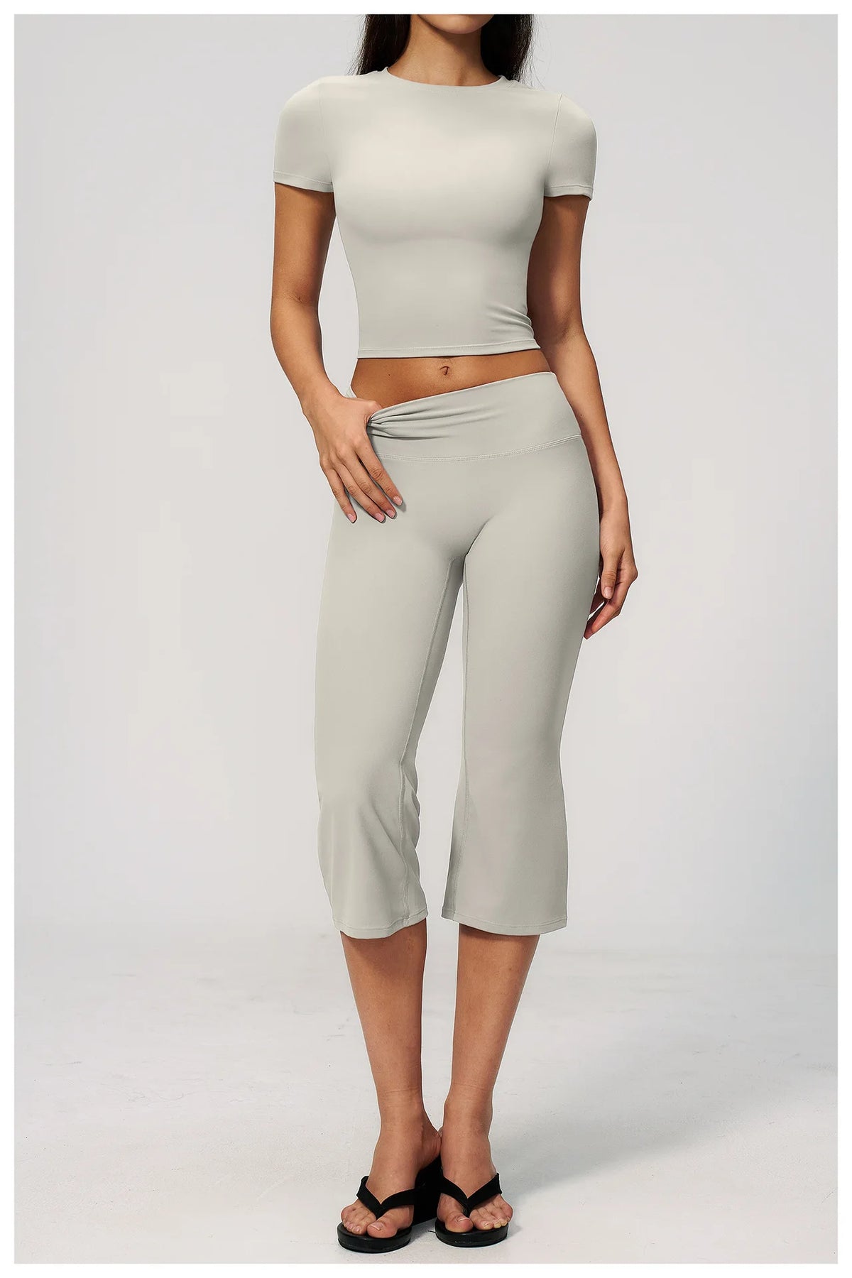 Yoga Set for Women High Waist Hip Lifting Tight Mid Pants Fitness Suit Short Sleeve O Neck Slimming Sports T Shirt Athletic Wear