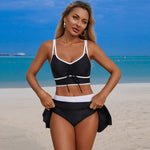 Vintage Black Patchwork Bikini Set 2026 Women Drawstring Pleate Push Up Sports Bra Swimwear Skirt High Waist Two Piece Swimsuit