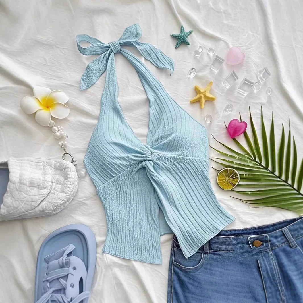Sweet Bow-Tie Neckline Halter Topfor Women Hot Girl Solid-Color Cropped Knit Tank Top Summer Beach Outfit Female Clothes