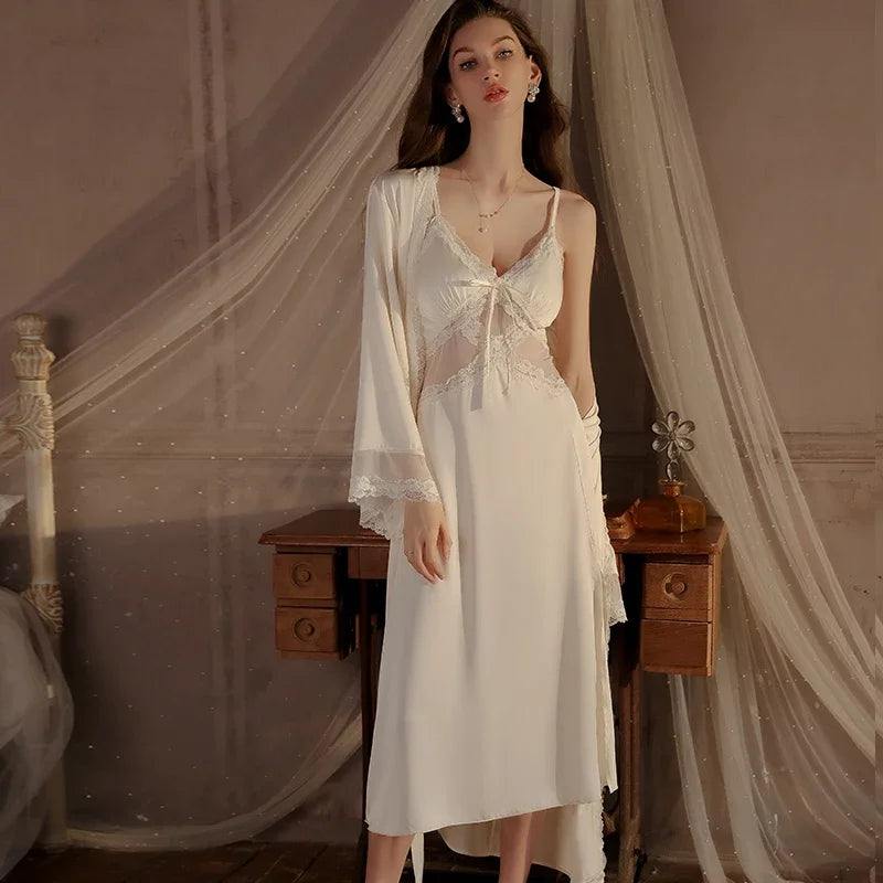 Robe Set Side Slit Sexy Pajamas for Women Lingеrie Long Night Dress Woman Lencerias Nightgowns Nuisette Sexy De Nuit Sleepwear