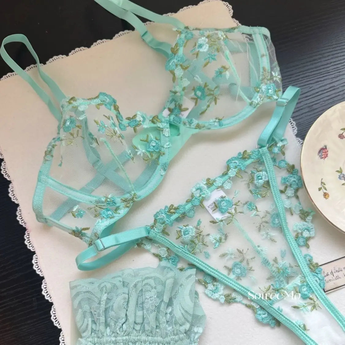 Everyday French Lace Bra Set Sheer Mesh Underwire Large Bust Support Floral Embroidery Comfort Wear Sexy MOYISU Panty Tushy Set