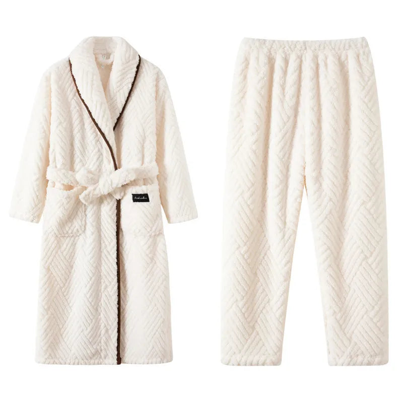 Men Women Jacquard Coral Fleece Bathrobe Autumn Winter Thick Warm Couple Sleepwear Soft Plush Loose Indoor Home Loungewear