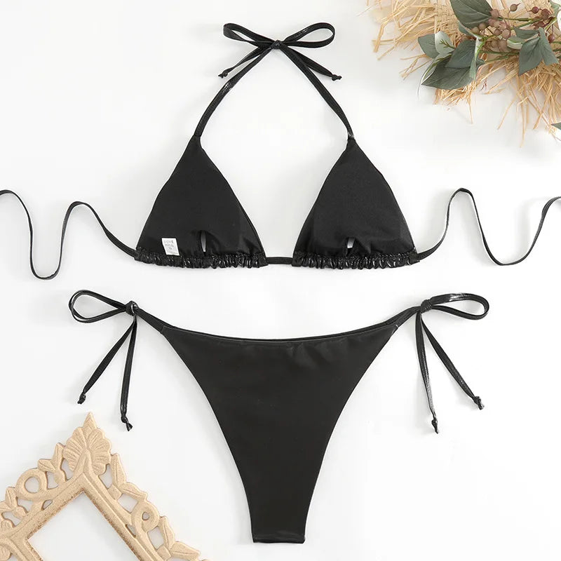 Sexy Red Shiny Triangle Micro Thong Bikinis Sets for Women Mini Swimwear Bathing Suits String Halter Bikini Mujer Swimsuit 2026