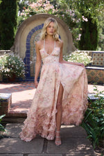 Women's Fashion Flower Print Bead Chain Halter Neck Long Dresses Sexy V-neck Backless Leace-up Slit Dress Lady Party Vestidos