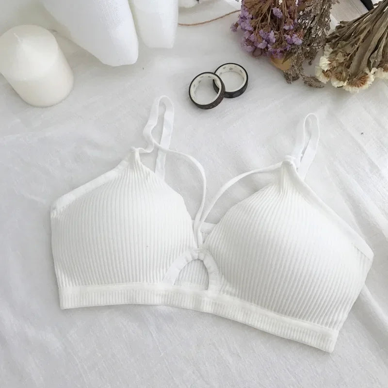 Women Ribbed Knit Bra Front Cutout V Neck Wireless Bralette Fixed Thin Spaghetti Straps Underwear Skin-Friendly Cotton Inner Top