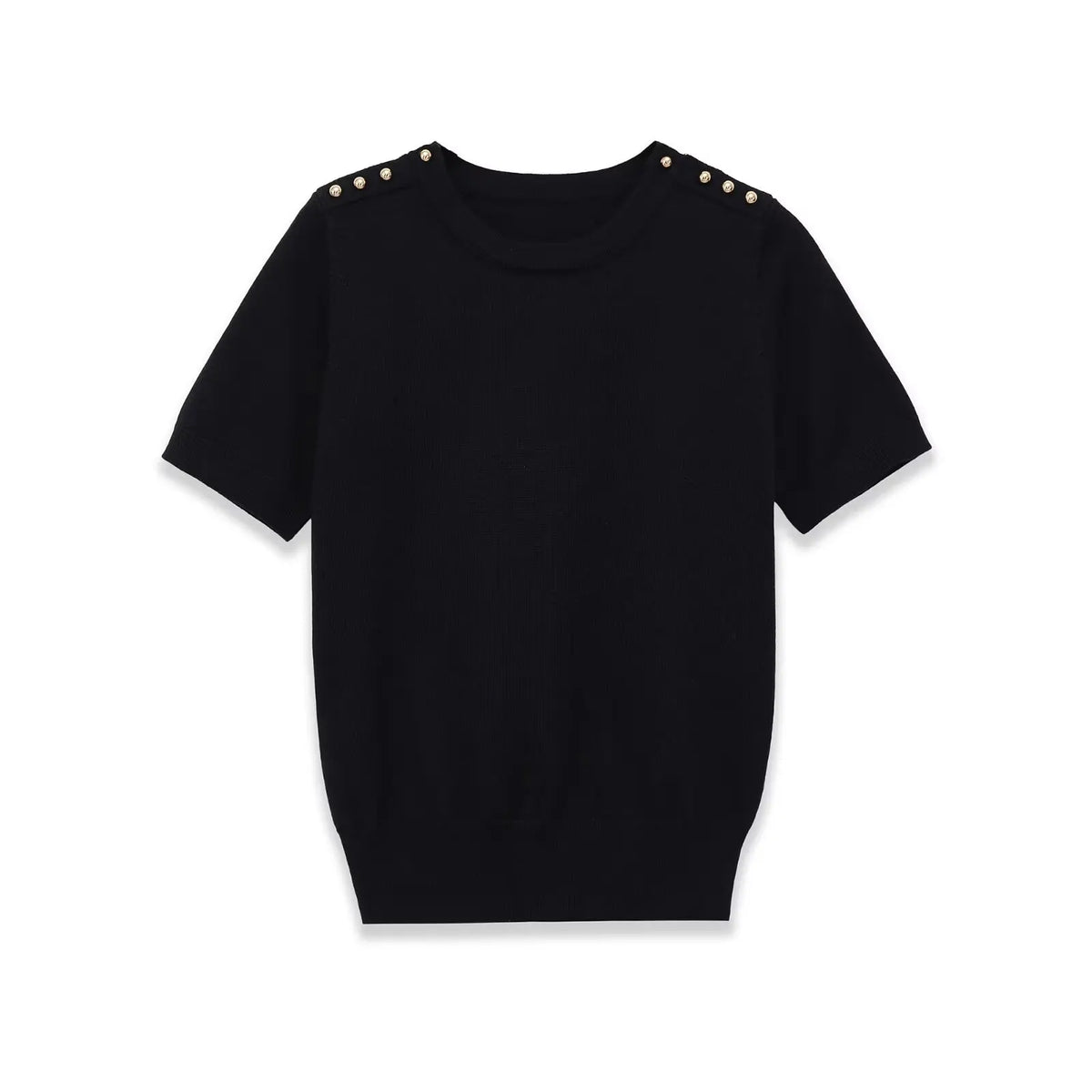 Fashion Casual Short-sleeve Knit Top With Black Short Sleeve Knit Top Gold Button Detail Round Neck Slim Fit Casual Sweater GRQ4