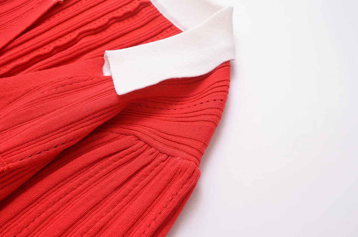 Foridol Red Knitted Polo Dress Autumn Winter Women Dress Casual Elegant Maxi A-line Hollow OutDress Slim Christmas Party