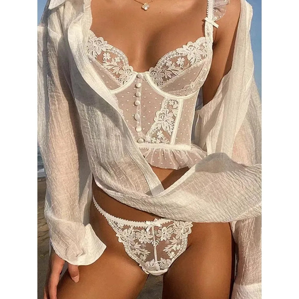 Women's French Lace Lingerie Set Sexy Ultra Thin See Through Bra & Thong Shaping Camisole Embroidery Underwear Set Hot Tushy P P