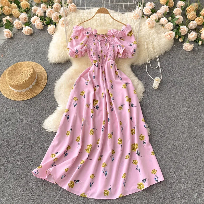 2025 Summer French Vintage Floral Dress Fashion Elegant High-Waisted Drawstring Vestidos Printed Fresh And Sweet Long Dresses