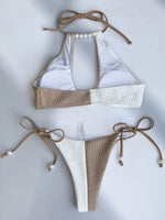 XS - L Splicing Halter Hollow Out Ribbed Bikini Female Swimsuit Women Swimwear Two-pieces Bikini Set Pearls Bathing Suit Swim