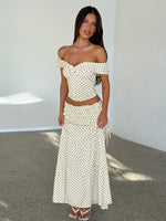 FDYOUI Woman Clothing Polka Dot Crop Tops and Lace-up Skirt Two Piece Sets Female Elegant Slash Neck Long Vacation Dresses Suit