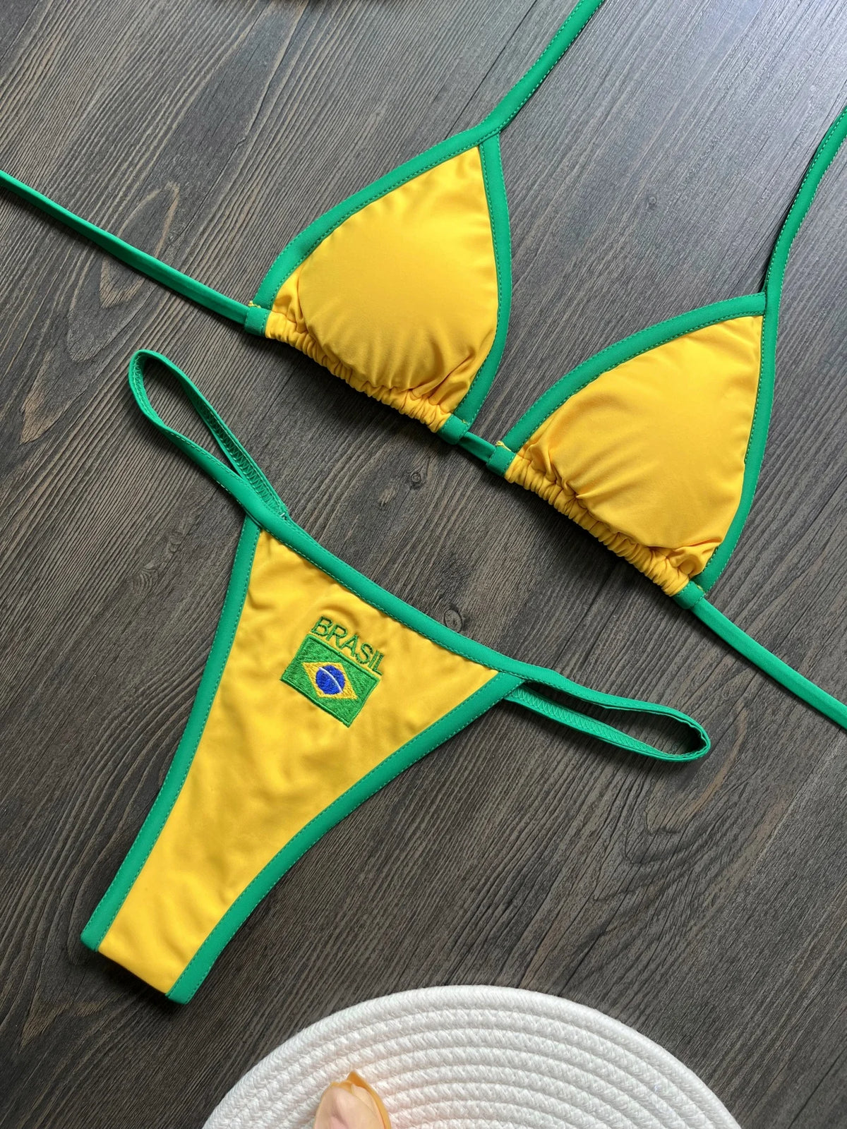 Solid color sexy embroidered Brazilian flag bikini set, women's swimsuit 2-piece set, summer beach bikini