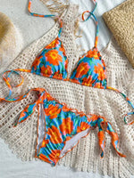 Women Cute Bikini Set 2025 New Summer Orange Floral Print Halter Ruffles Push Up Tie Side Thong Swimsuit Bathing Suit