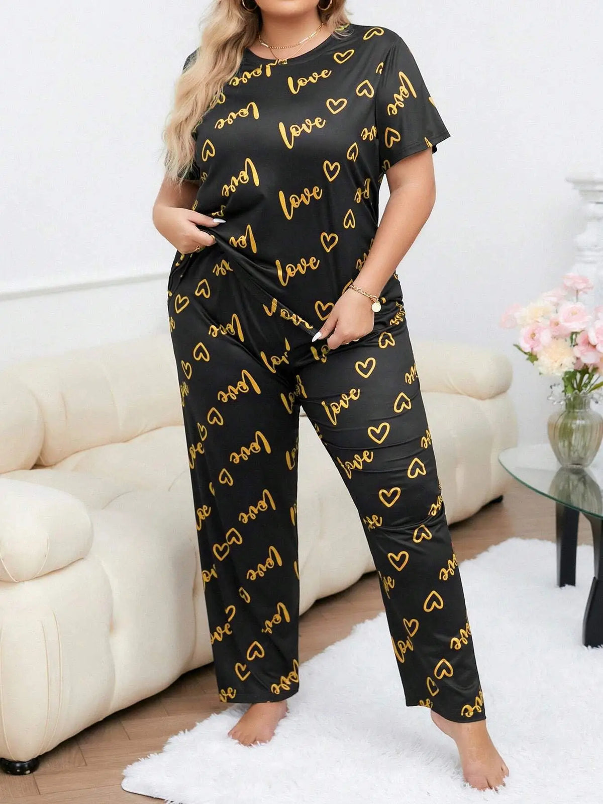 Plus Size 3XL 4XL 5XL Sleepwear Women's Heart Letters Print Pajamas Set Casual Short-Sleeve Top and Pants Loungewear