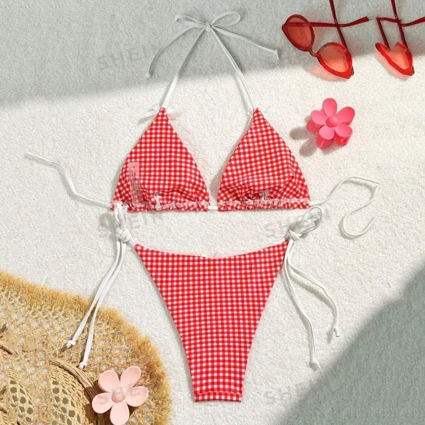 Red Plaid String Halter thong Micro Bikini for Women Mini Swimwear Lace-up Sexy Swimsuit Bathing Suit Triangle Bikinis Sets 2026