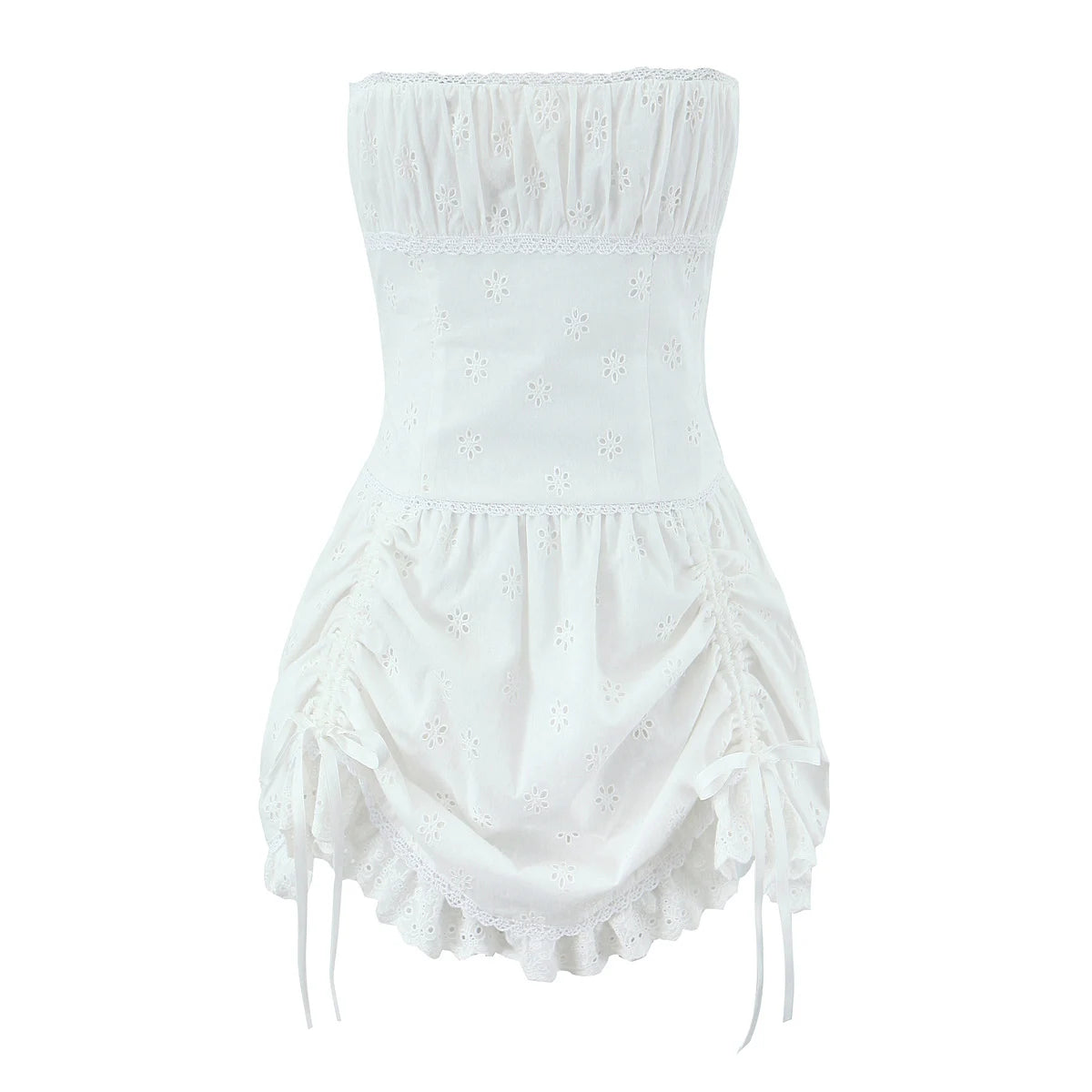 Foridol White Cotton Summer Women's Dress 2025 Off Shoulder Strapless Mini Beach Dress Casual Flower Embroidery Drawstring Dress