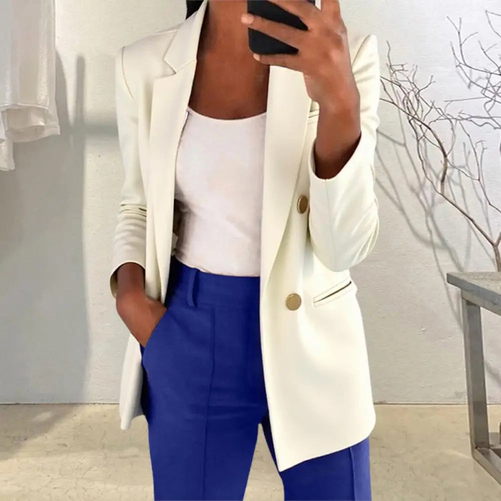 Women Suit Coat Lapel Long Sleeve Double Placket Suit Jacket with Pockets Solid Color Loose Fit Mid-length Business Outerwear