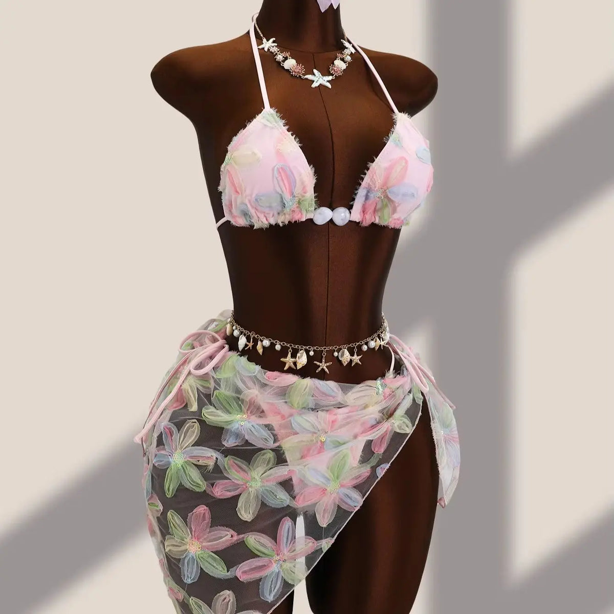 DEKA Women 3 Piece Brazil Triangle Bikini Set Vintage Pink Floral Embroidery Cover Up Halter Push Up Thong Swimsuit Bathing Suit