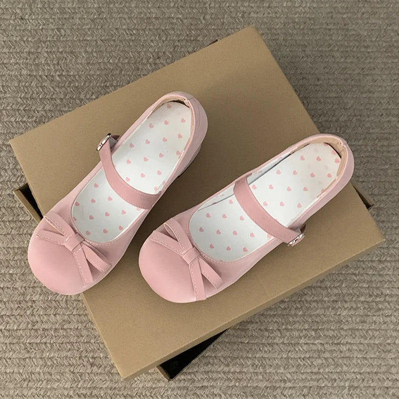 Preppy Butterfly-Knot Low Heel Mary Janes Women Vintage Solid Buckle Strap Pumps Woman Cute Sweet Lolita Single Shoes for Ladies