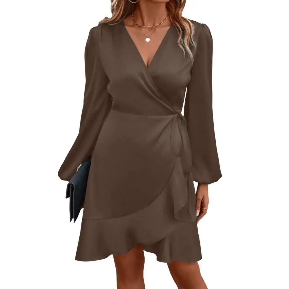 Smooth Satin Ruffle Trim Dress Women Mini Dress V-Neck Lantern Long Sleeve Side Lace-up Dress Solid Color