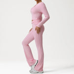 2 Pieces Women's Seamless Yoga Set Long-sleeved Shirt Flared-pants Tracksuit Running Fitness Sports Set Slim-fit High Waist Suit