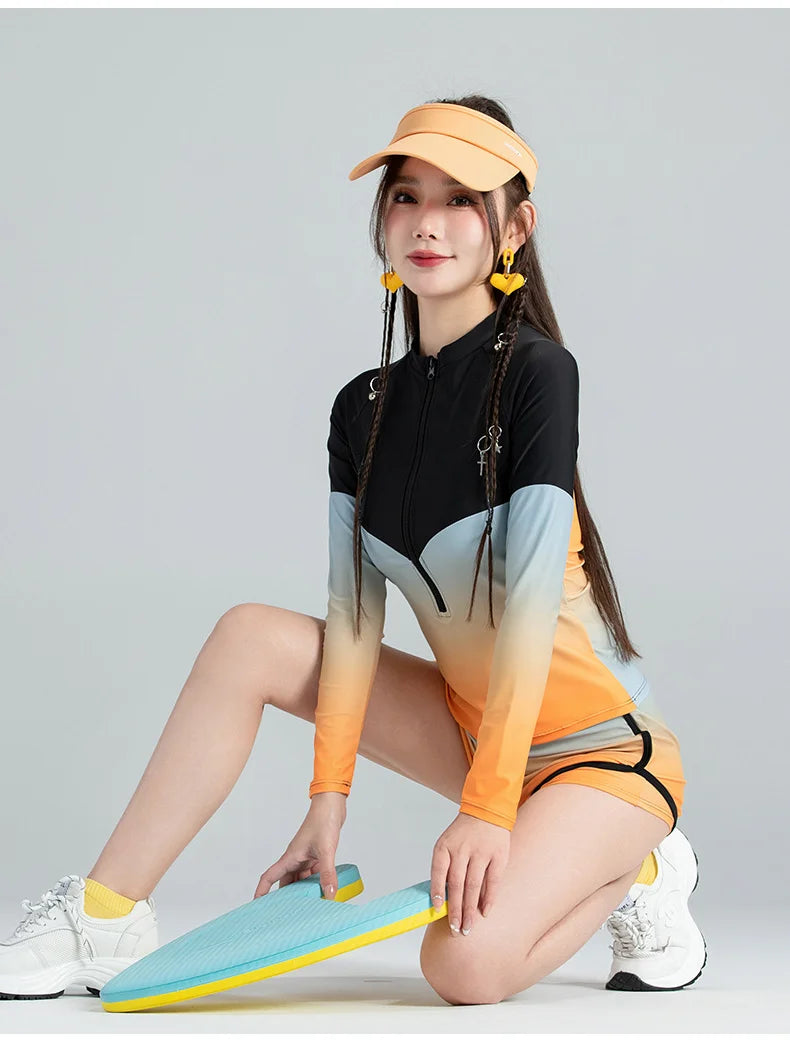 Long Sleeve Rash Guard Women Colorblock Two Piece Swimsuit Crop Top Swimwear High Neck Bathing Suits Zipper Surfing Suits Shorts