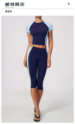 Color Blocking 2PCS Yoga Set Women's Tracksuit Short Sleeve O Neck Sports T Shirts High Waist Cropped Pants Tight Fitness Suits