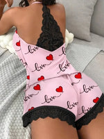 Summer Sleepwear Women's Casual 2 Pieces Pajamas Set Sleeveless V-Neck Heart Print Cami Tops and Shorts Set Loungewear