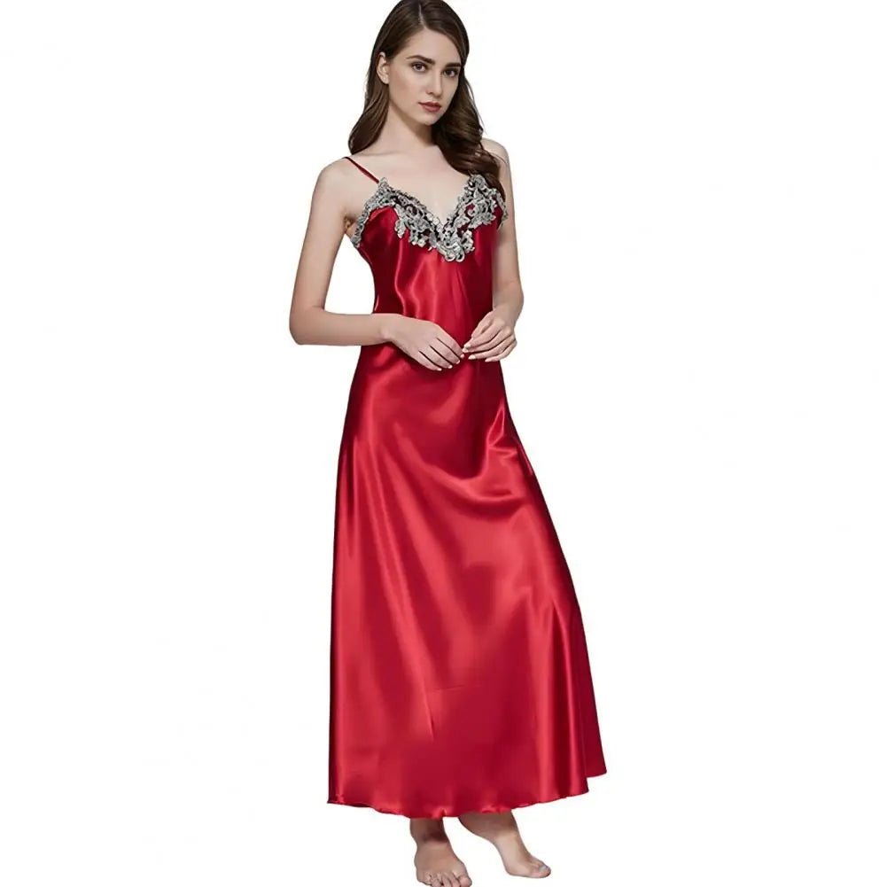Women's Satin Lace Nightgown Spaghetti Strap Sleeveless Slip Dress Soft V Neck Maxi Sleepwear Silky Chemise Nightdress