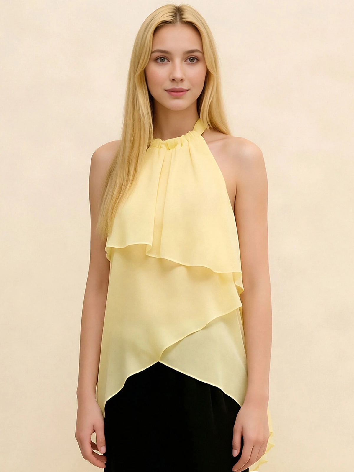 Women Summer Trendy Asymmetrical Layered Backless Shirts Solid Color Chiffon Halter Tops for Streetwear