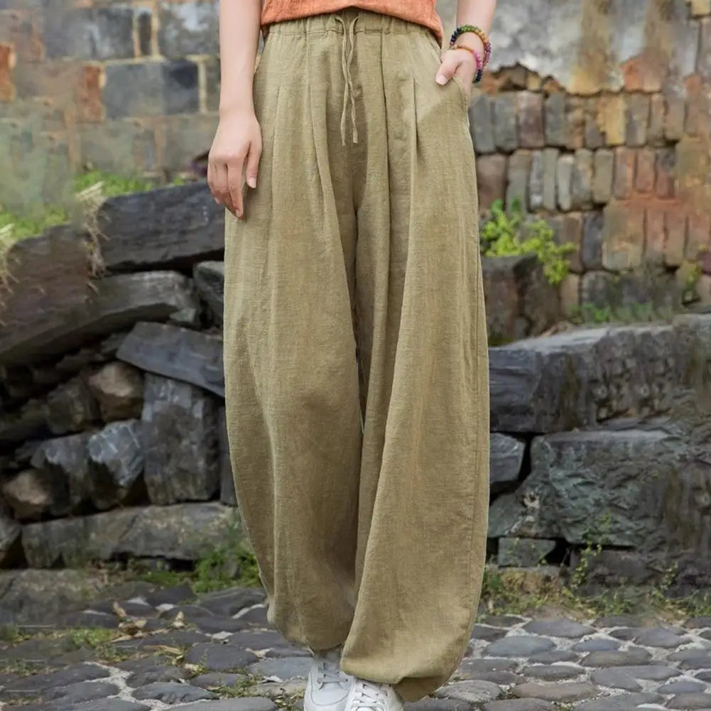 Solid Color Harem Trousers Women Casual Pants Elastic Waist Adjustable Drawstring Solid Color Wide Leg Trousers