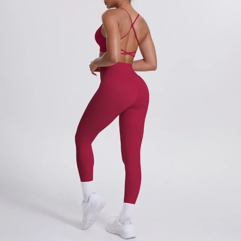 Women's Seamless Yoga Set Cross Back Sports Bra & High Waist Booty Lifting Yoga Leggings Gym Running Fitness Workout Outfit