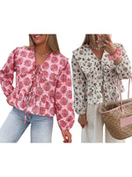 Floral Print Babydoll Tops for Women Casual Loose Doll Collar Open Front Tie-Up Ruffled Hem Long Sleeve Blouse for Fall