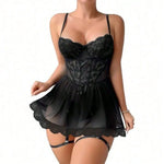 Sexy Garter Belt Mesh Lace Lingerie Dress Set With Thong