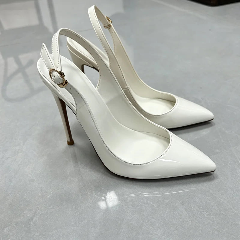 Women White Patent Leather Slingback Pumps Pointed Toe Thin Stiletto High Heels Buckle Strap Dress Shoes for Wedding Party Offic