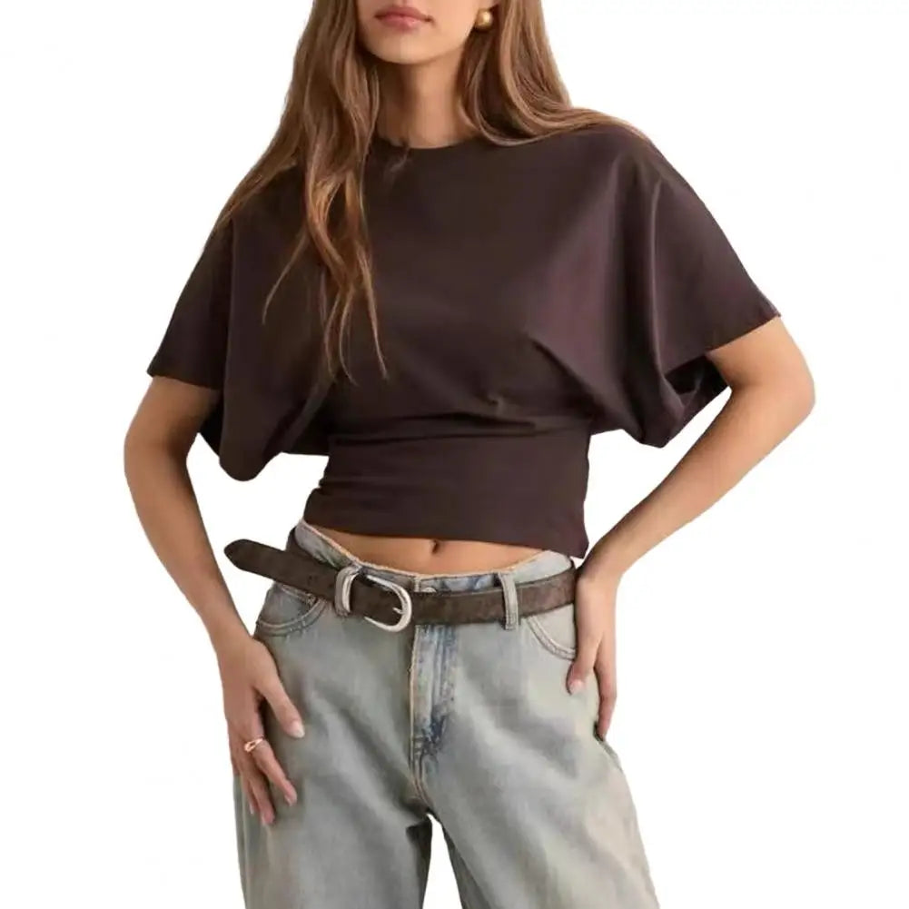 Women Solid Color Round Neck T-Shirt Breathable Casual Top Summer Short Sleeve Pullover Tee for Work Daily Wear Parties