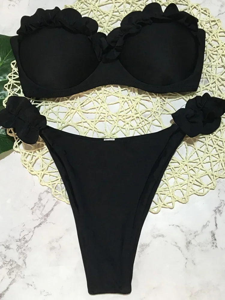 Sexy Ruffled Frilled Bra Cup Bikini 2026 Women Bandeau Swimsuit Female Swimwear Two Pieces Bikini Set Push Up Bathing Suit Swim