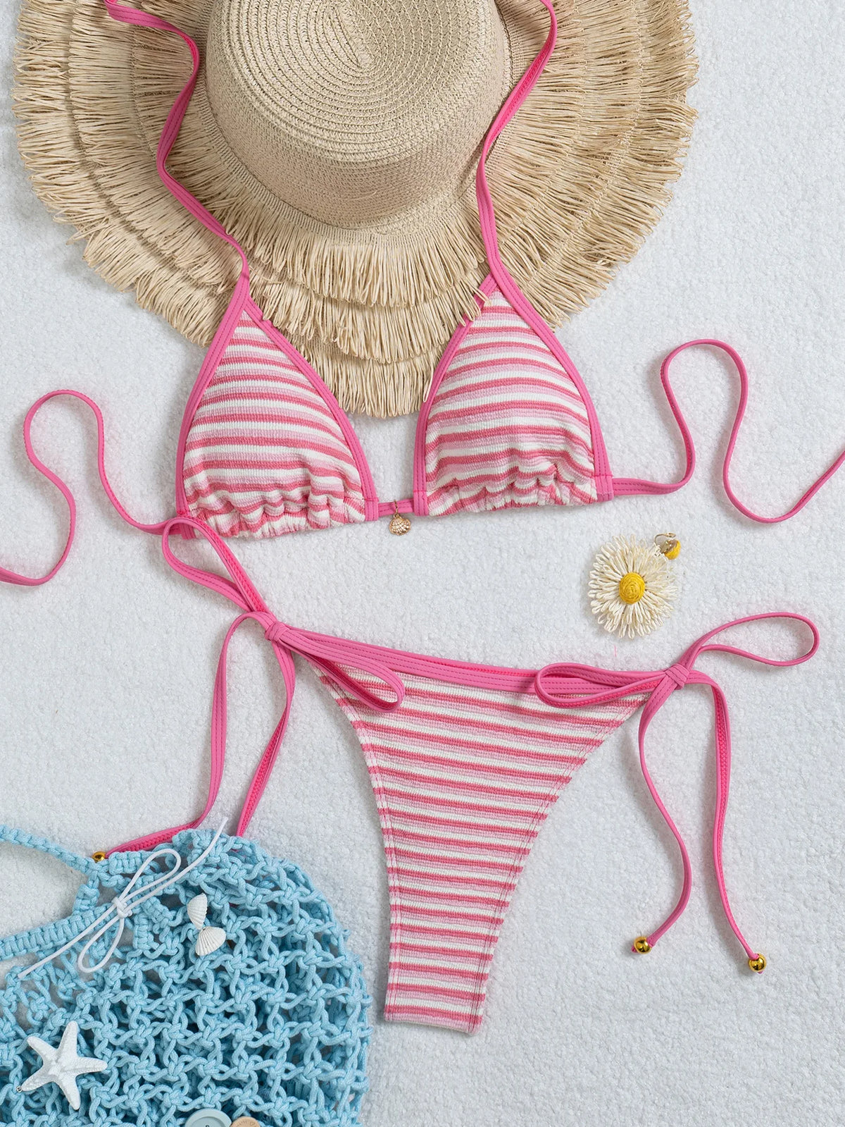 2026 Trendy String Bikini Set Triangle Top Side Tie Bottoms with Metallic PendantSolid Color Contrast Trim Women Swimwear