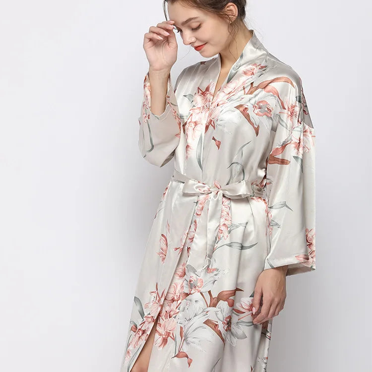 Home sleepwear, women's simulated silk, rice, orchid print, medium to long length nightgown, sexy sleepwear, home wear