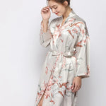 Home sleepwear, women's simulated silk, rice, orchid print, medium to long length nightgown, sexy sleepwear, home wear