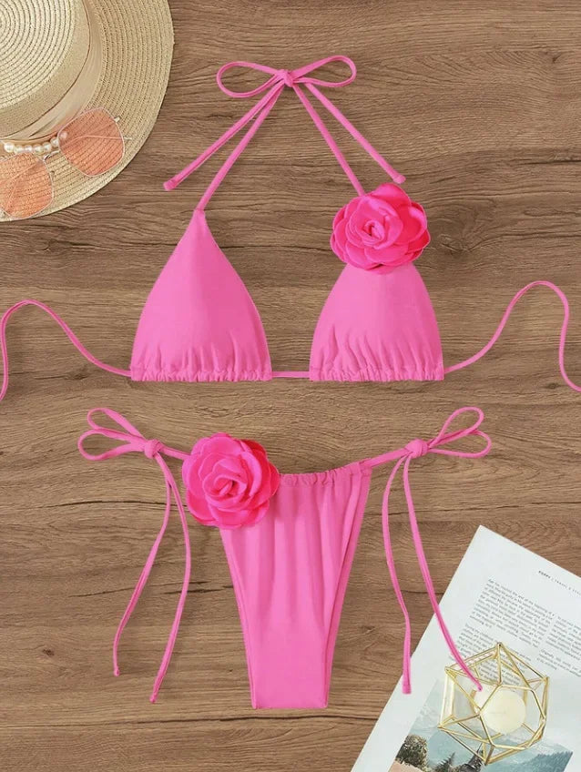 Sexy Bikini Set Women Swimsuit 2024 Black White 3D Floral Print Micro Bikinis Brazilian Cutout Beach Bathing Suit Thong Swimwear