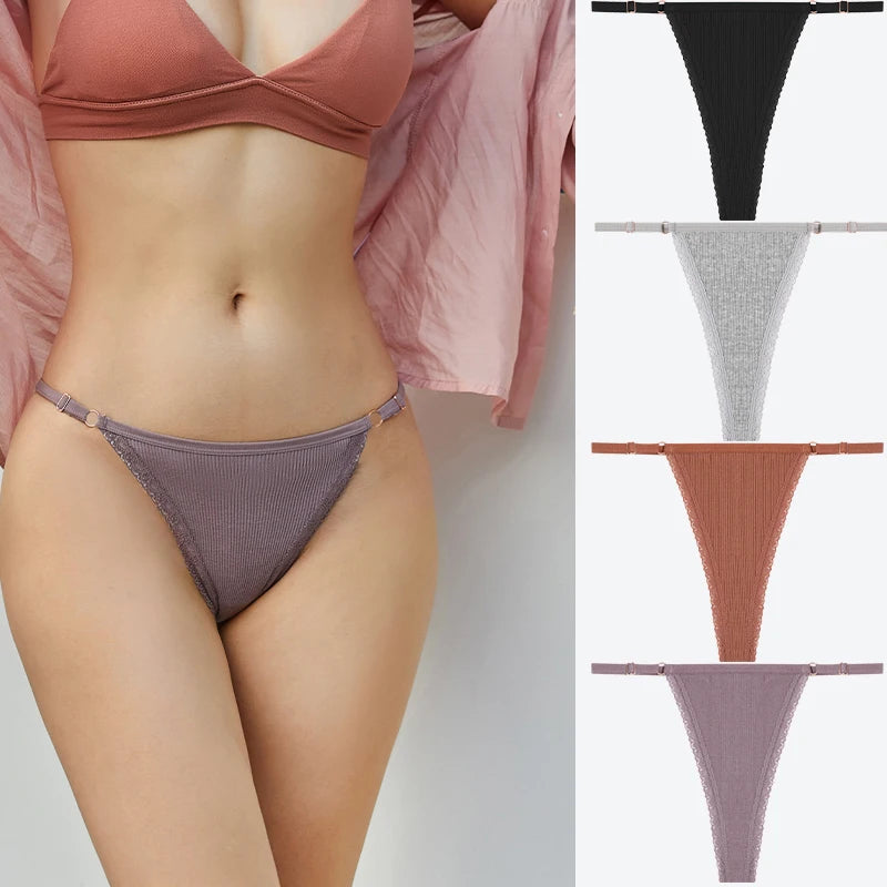 4Pcs Cotton Lace Panties Sexy G-String Women's Underwear Low Waist Comfortable Lingerie Briefs Adjustable Waist Thong Intimates